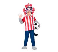 My Other Me - Costume da Indi Calcio Atletico Madrid per bambini unisex con cappello, t-shirt, pantaloni, coda e copristivali in rosso e blu, taglia 7-9 anni. Perfetto per feste sportive