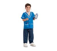 My Other Me - Costume da infermiera per bambini, unisex, taglia 3-5 anni. Include camicia blu con liste bianche, pantaloni, fonendoscopio, siringa, carta d'identità e scheda medica.