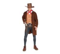 My Other Me - Costume da jeans uomo, taglia M-L. Include cappello marrone, fazzoletto rosso, camicia bianca, gilet beige, cintura nera e cappotto marrone. Diventa il cowboy più autentico!