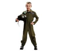 My Other Me - Costume da pilota bambino, taglia 3-4 anni. Include tuta verde oliva con cerniera frontale, tasche funzionali, emblemi, e cerniere alle caviglie.