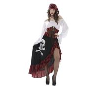 My Other Me - Costume da pirata donna, taglia XXL. Include cintura, fazzoletto e corsetto rosso a righe nere, abito bianco e gonna nera asimmetrica con volant nero e rosso e stampa teschio.
