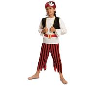 My Other Me - Costume da pirata per bambini, taglia 10-12 anni. Include fazzoletto rosso con teschio, camicia bianca, gilet nero con bordo dorato, cintura con fibbia dorata e pantaloni a righe rosse e