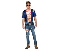 My Other Me - Costume da polizia sexy audace da uomo adulto con maglietta stampata beige e blu taglia L. Perfetto per una festa in costume piena di azione