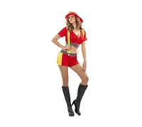My Other Me - Costume da pompiera, da donna, taglia M-L, include rosso, il top con cerniera e pantaloncini con strisce gialle e dettagli grigi, bretelle verdi fluorescenti e casco rosso.