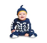 My Other Me - Costume da scheletro per bambini, unisex, taglia 1-2 anni. Include tuta blu a corpo intero con stampa bianca con ossa e cappello con nodo superiore e orlo giallo abbinato al collo.