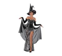 My Other Me - Costume da strega da donna adulto nero e grigio con cappello, vestito con body, bretelle, corpetto e mantello con guanti taglia S. Abbaglia in qualsiasi evento magico