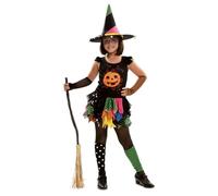 My Other Me - Costume da strega per bambina con vestito, cappello, manicotti e scaldamuscoli in arancione e nero taglia 10-12 anni. Sveglia la magia ad ogni passo Halloween