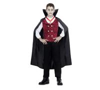My Other Me - Costume da Vampiro con mantello, gilet con camicia, colletto e pantaloni in nero e rosso, taglia 10-12 anni. Scopri il fascino della serata ad Halloween.