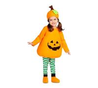 My Other Me - Costume da zucca per bambini, unisex, taglia 3-4 anni. Include cappello arancione con foglia e rabito, tuta con ricamo, leggings a righe verdi e bianche e copristivali arancioni.