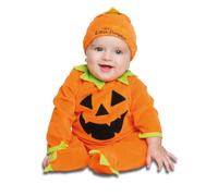 My Other Me - Costume da zucca, unisex, taglia 7-12 mesi. Include tuta in velluto arancione con stampa viso in feltro nero, dettagli verdi su collo, polsini e gambe, e cappello abbinato.