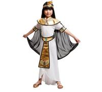 My Other Me - Costume Egiziano Ragazza, taglia 7-9 anni. Include fascia con cobra, tunica bianca con cintura e perizoma dorato, colletto dorato con mantello nero e bracciali dorati con gemme blu.