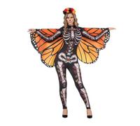 My Other Me - Costume farfalla scheletro donna, taglia XL. Include copricapo floreale, tuta nera con ossa e decorazioni colorate e ali a farfalla monarca. Scioccante mix di vita e morte.