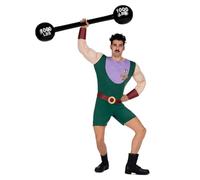 My Other Me - Costume Forzudo da uomo, taglia XL.Include baffi neri, peso gonfiabile nero con dettagli bianchi, tuta verde con imbottitura, colletto viola e medaglia dorata, braccialetti e cintura