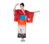 My Other Me - Costume Geisha donna, taglia L. Include kimono con stampa a gru e paesaggio, scollo a V con striscia bianca stampata a onde rosse, maniche larghe e cintura blu.