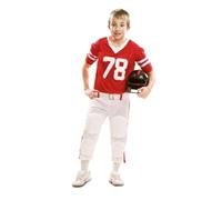 My Other Me - Costume giocatore rugby bambino, taglia 10-12 anni. Include maglietta rossa con numero 78, cintura e pantaloni bianchi con liste rosse e protettivi. Ideale per piccoli sportivi.