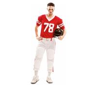 My Other Me - Costume giocatore rugby uomo, taglia M-L. Include maglietta rossa con numero 78 e strisce bianche, cintura e pantaloni bianchi con liste rosse e protettivi. Sembra un giocatore di rugby!