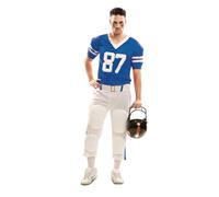 My Other Me - Costume giocatore rugby uomo, taglia XL. Include maglietta blu con numero 87 e strisce bianche, cintura e pantaloni bianchi con liste blu e protettivi. Sembra un giocatore di rugby!