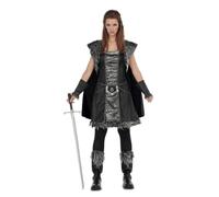 My Other Me - Costume guerriero donna, taglia XL. Include abito a mantello, bracciali e copristivali con dettagli in pelliccia sintetica nei toni del nero e del grigio, e disegni argentati.