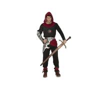 My Other Me - Costume guerriero medievale uomo, taglia S. Include maglietta nera con maniche metalliche e logo drago, pantaloni con copristivali marroni e nastri rossi, cintura argentata e cappuccio