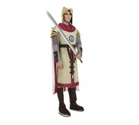 My Other Me - Costume guerriero medievale uomo, taglia S. Include tunica beige a maniche lunghe grigio con gorjal rosso, mantello bianco e rosso, copristivali e cintura marrone, spalline e casco