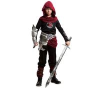 My Other Me - Costume guerriero medievale uomo, taglia XS. Include maglietta nera con maniche metalliche, logo drago, pantaloni con copristivali marroni e nastri rossi, cintura argentata e cappuccio