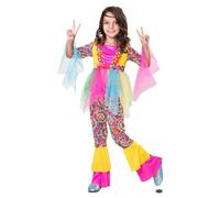 My Other Me - Costume Hippie Bambina, taglia 5-6 anni. Include camicia con volant in tulle e pantaloni psichedelici a strati gialli e rosa. Ideale per brillare in stile retrò.
