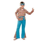My Other Me - Costume Hippie Bambino, taglia 5-6 anni. Include camicia colorata con stampa psichedelica, pantaloni blu, fascia per la testa e cintura. Colori vivaci che segnano ritmo gioioso.