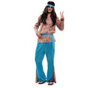 My Other Me - Costume hippie uomo, taglia M-L. Include camicia colorata con stampa psichedelica, pantaloni blu con dettagli della stessa stampa della camicia, fascia per la testa e cintura.