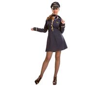 My Other Me - Costume hostess donna taglia S. Include abito blu navy, bottoni e badge dorati, bordi decorativi, fazzoletto al collo e cappello elegante.