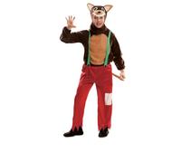 My Other Me - Costume lupo bambino, taglia 3-4 anni. Include cappello, camicia marrone a maniche lunghe con dettaglio pancia in tono più chiaro, pantaloni rossi con frange e spalline verdi.