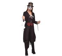 My Other Me - Costume maga voodoo donna, taglia M-L. Include giacca lunga nera irregolare, gilet rosso con stampa, collana con ossa, bracciale teschi, ciondolo e serpente in tessuto.