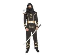 My Other Me - Costume Ninja da uomo, taglia S. Include tuta nera con cappuccio e dettagli dorati su maniche e gambe, armatura nera con bordi dorati, cintura dorata e maschera nera.