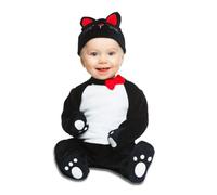 My Other Me - Costume per gatti unisex, taglia 0-6 mesi. Include tuta in peluche nera con pancia bianca, impronte su guanti e piedi, e berretto con orecchie rosse, muso ricamato e fiocco rosso sul
