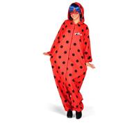 My Other Me - Costume Pigiama Ladybug donna, taglia XS. Include tuta rossa con cappuccio, pois neri, stampa a nido d'ape e logo, cerniera frontale, parrucca blu e maschera.