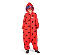 My Other Me - Costume pigiama Ladybug ragazza, taglia 6-7 anni. Include tuta rossa con cappuccio, pois neri, logo, cerniera frontale, parrucca blu e maschera.