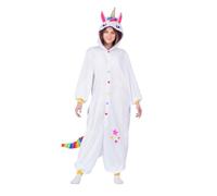 My Other Me - Costume pigiama Unicorno Adfulto, taglia unica (Lunghezza a XXXL). Include tuta bianca con cappuccio con orecchie, corno e criniera multicolore, coda arcobaleno e stelle stampate.