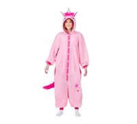 My Other Me - Costume pigiama unicorno adulto, taglia unica (XS a M). Include tuta rosa con cappuccio con corno, orecchie, criniera bicolore e occhi, chiusura con bottoni, coda di peluche e stelle.