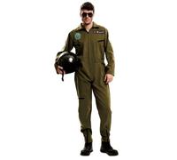 My Other Me - Costume pilota uomo, taglia S. Include tuta verde oliva con cerniera frontale, 3 tasche con cerniera, emblemi U.S. AIR FORCE e ARMY e cerniere di espansione alle caviglie.