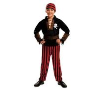 My Other Me - Costume Pirata Bambino, taglia 7-9 anni. Include fazzoletto e pantaloni a righe nere e rosse, camicia nera con teschio stampato e polsini marroni e cintura marrone.