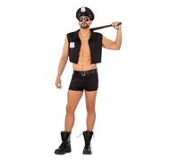 My Other Me - Costume poliziotto uomo, taglia M-L. Include cappello con logo argentato, camicia senza maniche con placca, cintura e pantaloni boxer neri. Cattura tutti gli sguardi!