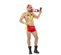 My Other Me - Costume pompiere uomo, taglia M-L. Include casco rosso con dettagli gialli e scritta Fire man 69", tracolla verde fluorescente e pantaloni boxer rossi con strisce gialle.