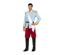 My Other Me - Costume principe uomo, taglia XL. Include giacca blu chiaro con colletto imperiale con dettagli dorati e fascia bianca, cintura nera con fibbia, pantaloni rossi e copristivali neri.