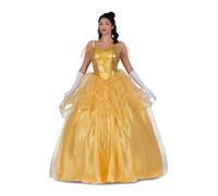 My Other Me - Costume Principessa donna, taglia L. Include abito giallo con bretelle, corpo ricamato, gonna di grande volume con voli a sbuffo in tulle lucido, guanti lunghi bianchi e sottogonne.