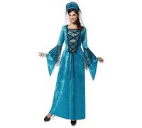 My Other Me - Costume principessa donna, taglia M-L. Include abito blu lungo in tessuto vellutato con maniche svasate con pizzo nero e corona abbinata con velo di tulle e spilla argentata.