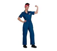 My Other Me - Costume Rosie la Rivettatrice donna, taglia S. Include tuta blu a maniche corte con elastico in vita, tasche laterali e bottoni, bandana rossa a pois bianchi e adesivi.