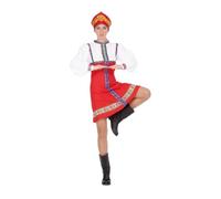 My Other Me - Costume russo donna, taglia M-L. Include abito rosso con camicetta e maniche a sbuffo bianche, nastri floreali ricamati e copricapo con dettagli dorati. Ispirazione popolare slava.