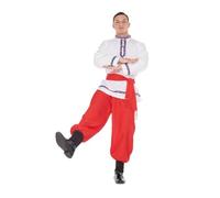 My Other Me - Costume russo uomo, taglia M-L. Include camicia bianca a maniche lunghe con nastri ricamati, pantaloni rosso bombacchio con leggings neri integrati e fascia frangia. Slavo totale.