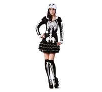 My Other Me - Costume scheletro adulto-donna, taglia M-L. Include abito nero con stampa ossea bianca, cappuccio con teschio e pompon, e calze alte abbinate con le ossa sulle gambe.