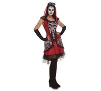 My Other Me - Costume scheletro donna, taglia M-L. Include abito rosso e nero con ossa decorate, lunghi guanti neri e copricapo con fiori. Ispirato al giorno dei morti con grande stile.