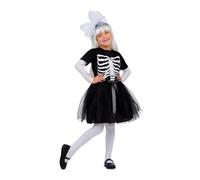 My Other Me - Costume scheletro ragazza, taglia 5-6 anni. Include fascia con fiocco bianco, maglietta nera a maniche corte con ossa stampate e gonna pomposa in tulle.